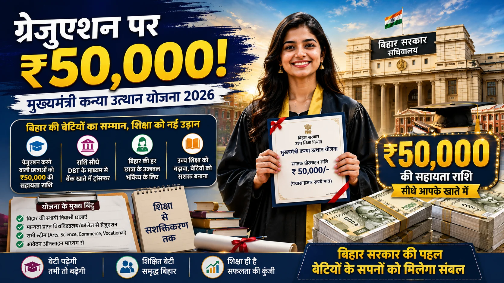 मुख्यमंत्री कन्या उत्थान योजना 2026: ग्रेजुएशन पर ₹50,000 कैसे पाएं? पूरी जानकारी | Siksha Nation