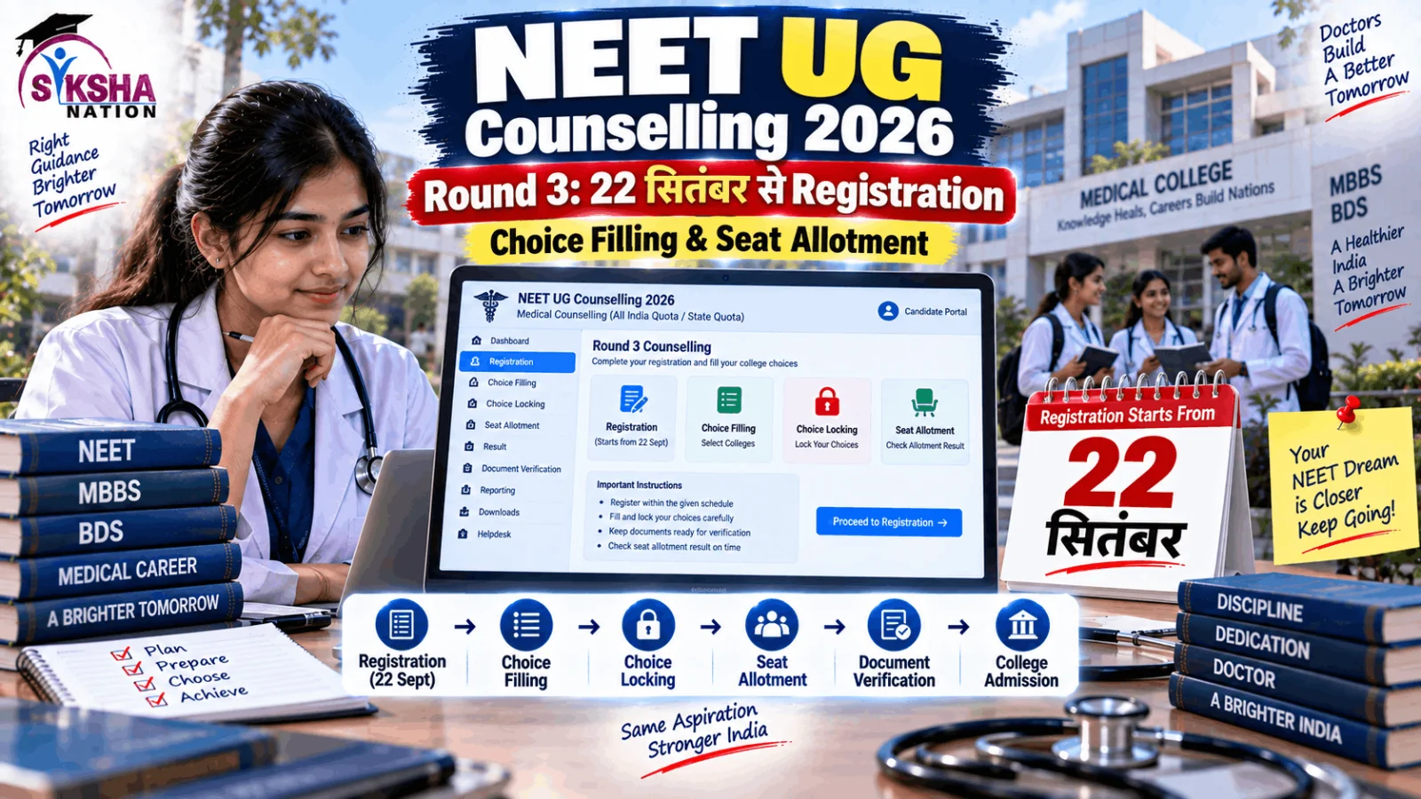 NEET UG Counselling 2026 Round 3: 22 सितंबर से Registration, Choice Filling और Seat Allotment की पूरी जानकारी