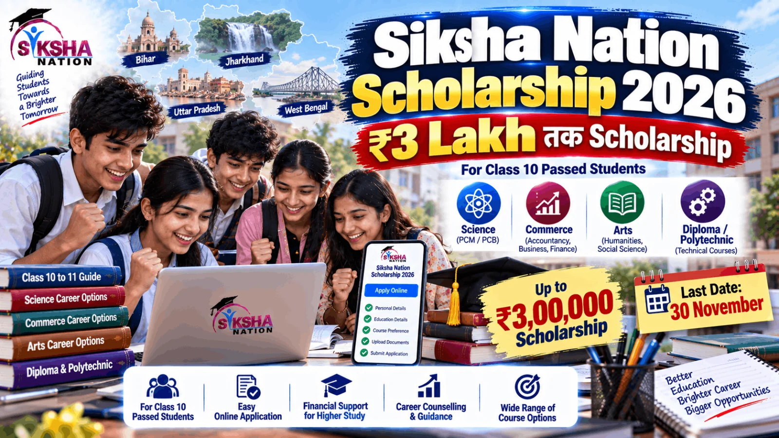 Siksha Nation Scholarship 2026: 10वीं के बाद ₹3 लाख तक Scholarship, Eligibility और Apply करने का मौका
