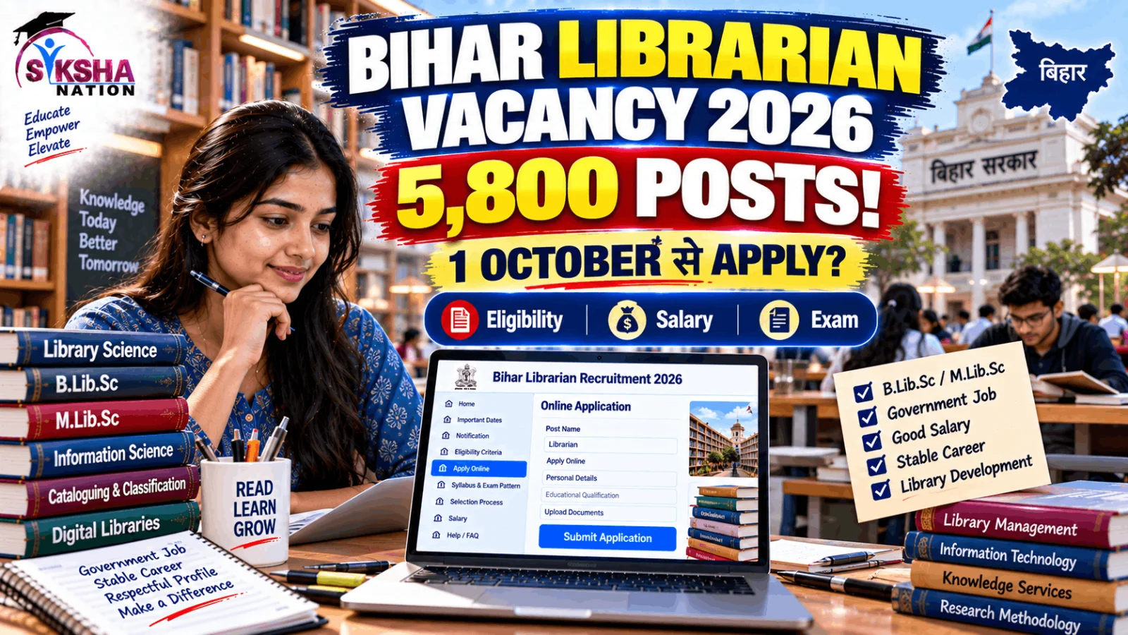 Bihar Librarian Vacancy 2026: 5,800 Posts पर भर्ती! 1 अक्टूबर से Apply? Eligibility, Salary और Exam Pattern