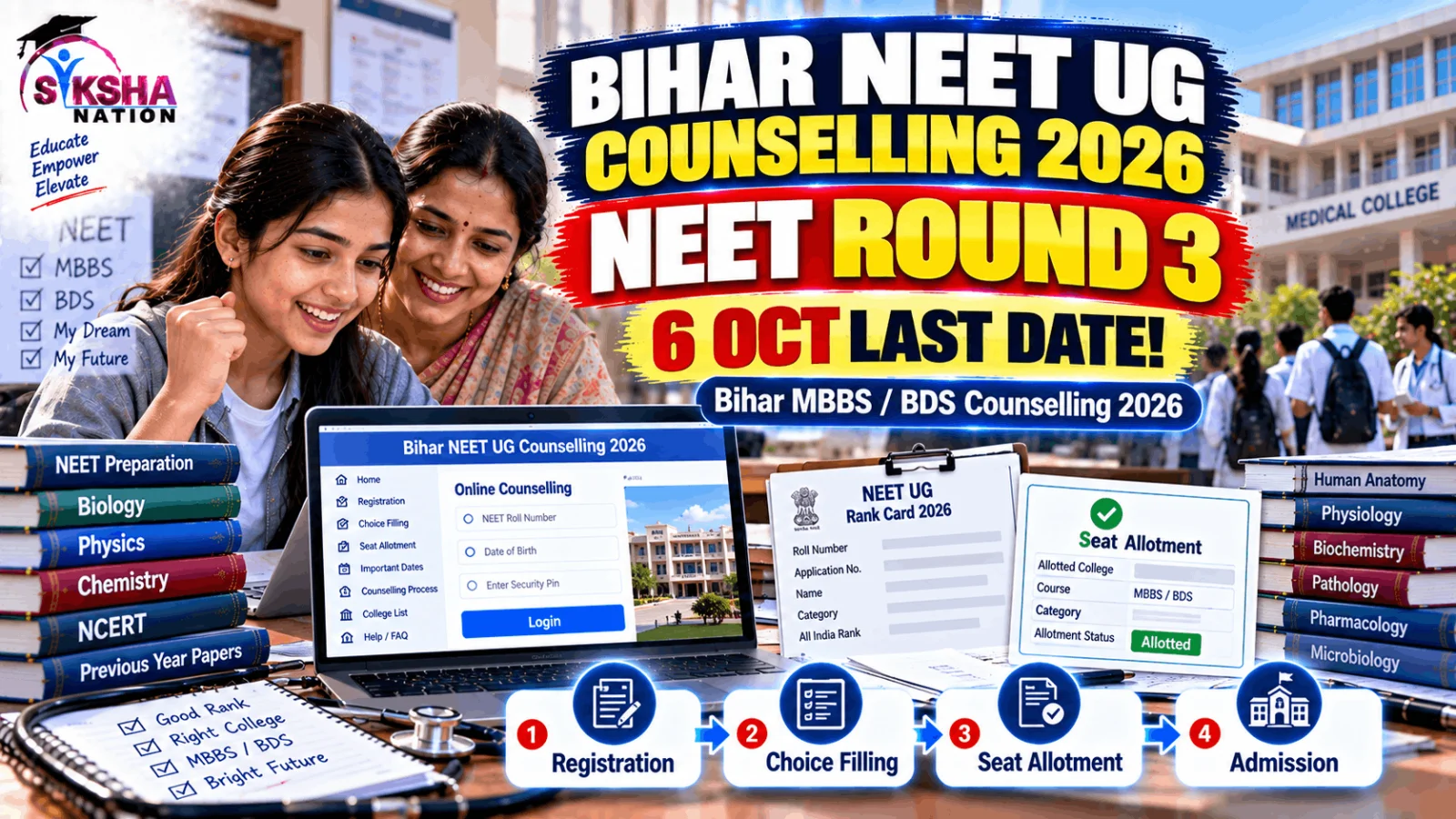 Bihar NEET UG Counselling 2026 Round 3: 6 अक्टूबर Last Date, Registration, Choice Filling और Seat Allotment की पूरी जानकारी